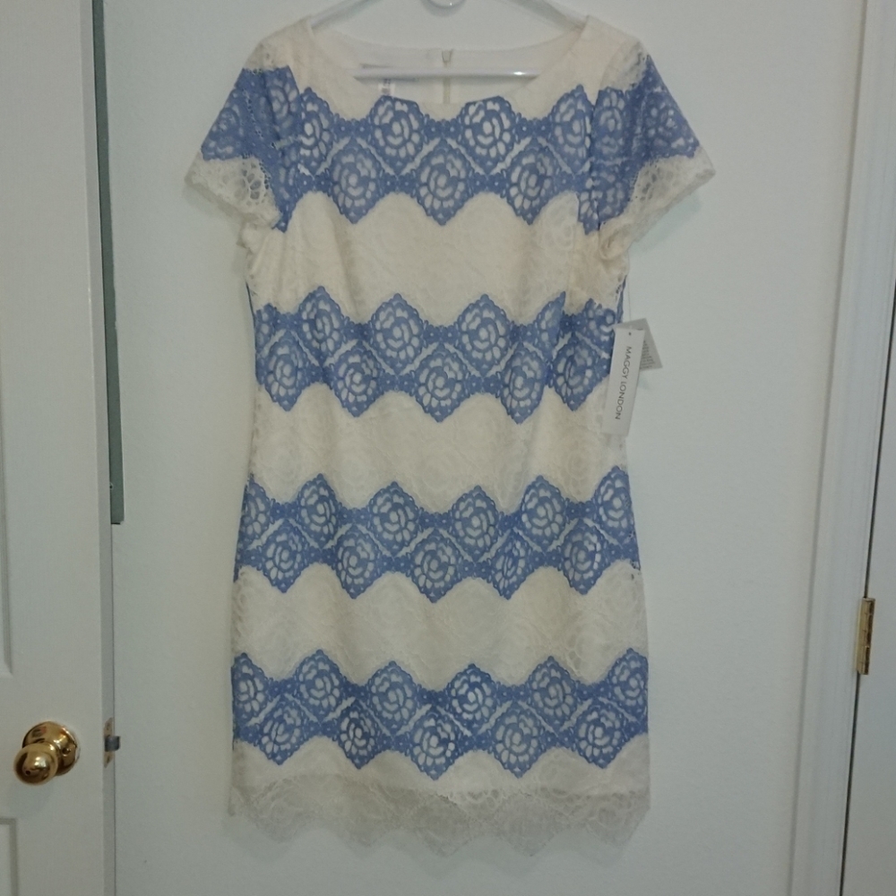 Maggie London Blue/Cream Lace Sheath Dress